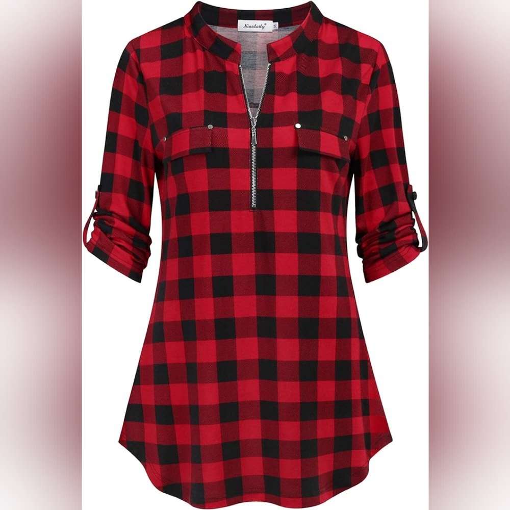 Ninedaily Women's 3/4 Sleeve Plaid Shirt Zip Front Casual Tunic Blouse Top